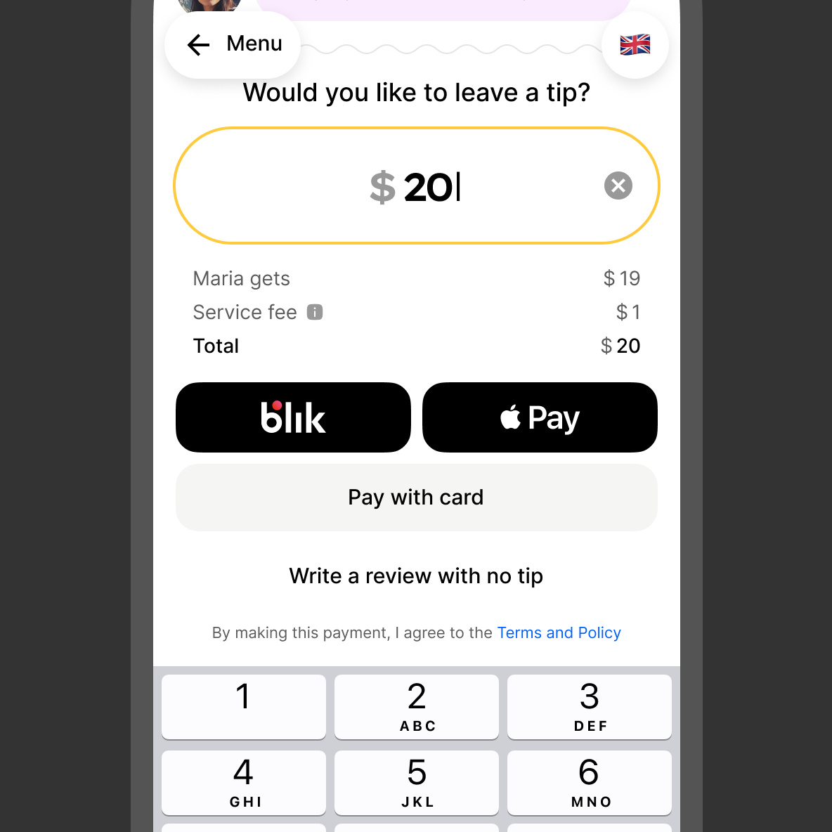 Custom tips amount